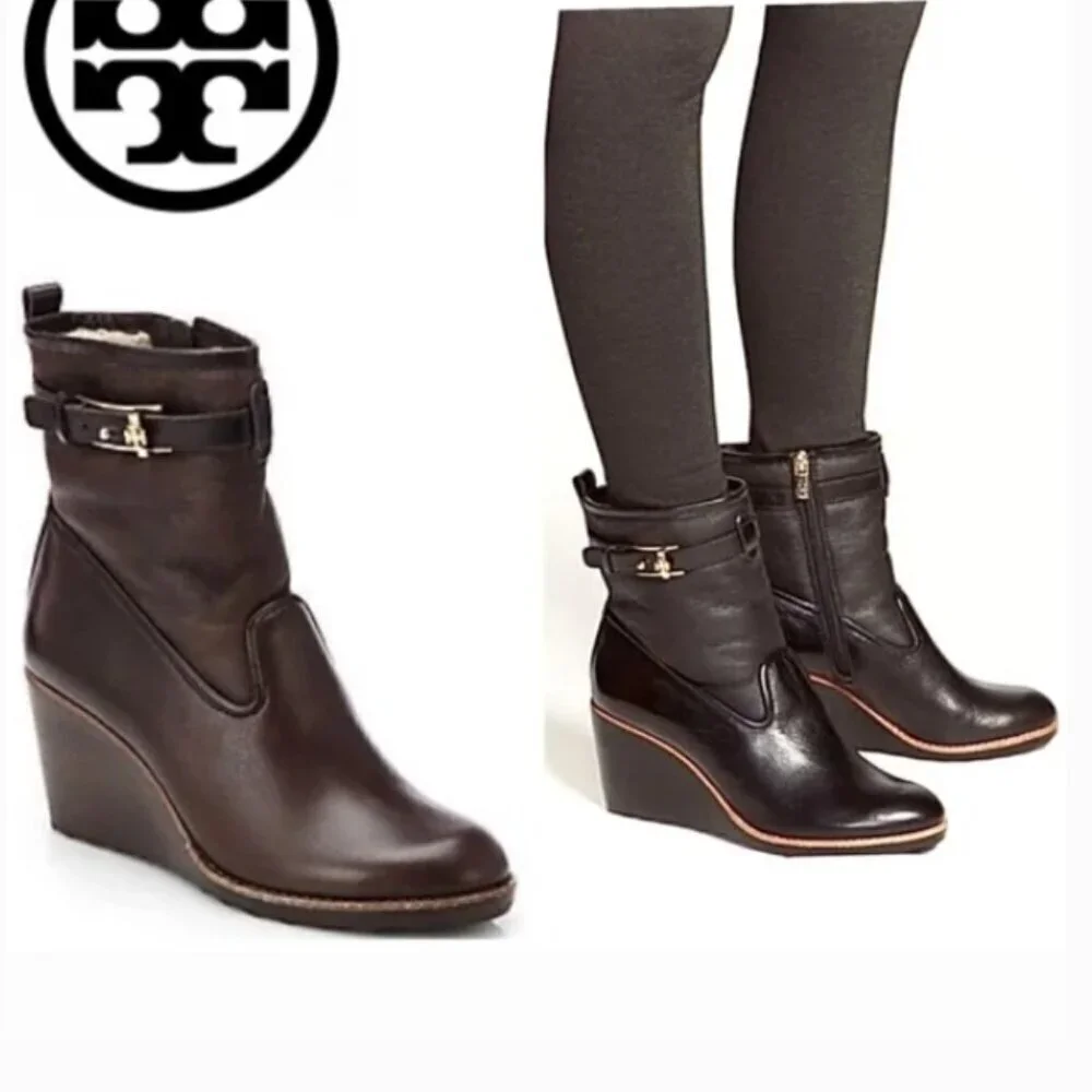 Tory Burch Primrose Lamb Leather Shearling Wedge Ankle Boots - Size 6.5